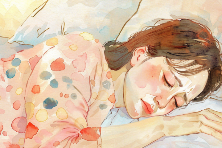 五十肩治療後に穏やかな眠りを取り戻した女性患者のイラスト