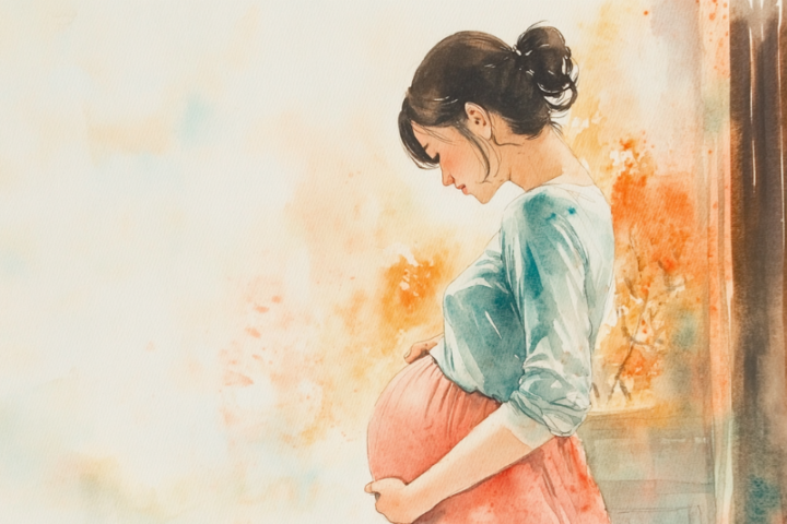 妊娠後期の女性が腰痛を経験している状態を示すイラスト