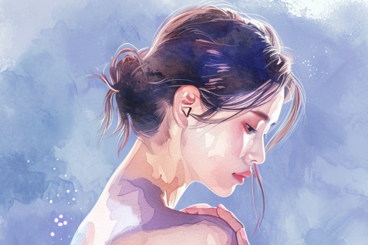 五十肩の痛みを抱える女性の首・肩部分を描いた美しい水彩画イラスト