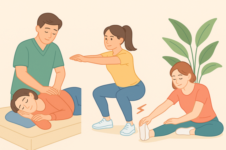3つの場面が並んだイラスト。左では整体師が女性に施術を行い、中央では女性がスクワットをしており、右では別の女性が床に座って前屈ストレッチをしている。背景は明るく観葉植物も描かれ、全体的に健康的で穏やかな雰囲気が表現されている。