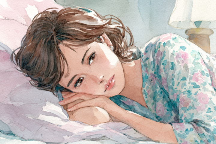 「五十肩の夜間痛で眠れずにベッドで横たわる女性の水彩画イラスト