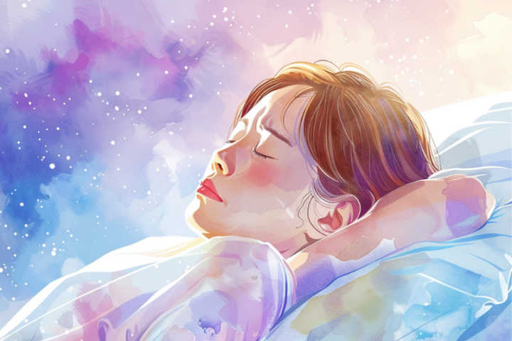 五十肩の痛みと向き合う女性の穏やかな表情を描いた水彩画