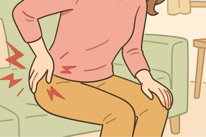 ソファに座り、股関節の痛みに苦しむ女性のイラスト。ピンクの長袖シャツと黄色のパンツを着用し、左手で腰、右手で太ももを押さえてつらそうな表情。股関節まわりには赤いジグザグの痛みマークが描かれ、背景にはカーテンと観葉植物がある明るい室内。