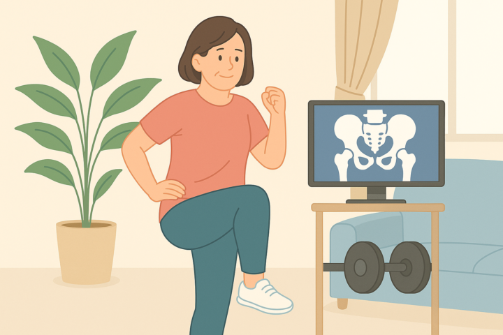 リビングで片脚を上げる運動をしている中年女性のイラスト。サーモンピンクのTシャツと緑のパンツを着用し、楽しそうな表情。背景には股関節のX線画像が映ったモニターとダンベル、観葉植物、カーテン付きの窓が描かれている。