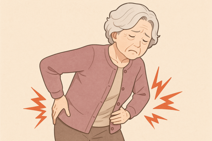 高齢の女性が股関節の痛みに耐える様子を描いたイラスト。白髪の短髪で、紫のカーディガンとベージュのインナーを着用し、股関節を両手で押さえながらつらそうな表情をしている。股関節付近には赤いジグザグ線で痛みが表現されている。」