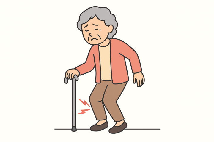 筋力低下によって膝に痛みを抱え、杖をついて歩く高齢女性のイラスト。顔にはつらそうな表情があり、膝の周囲には赤いジグザグの線で痛みが強調されている。背景はシンプルで、女性の姿勢や服装(カーディガンとスラックス)が落ち着いた色調で描かれている。横長4:3構図。