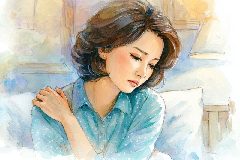 五十肩炎症期の痛みに耐える女性の心境を表現したイラスト