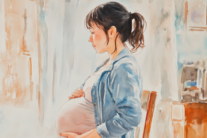 妊娠中によく見られる腰痛症状を表現した妊婦のイラスト