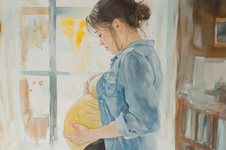 妊婦さんが腰部に不快感を感じ、痛みのある箇所に手を置いている様子