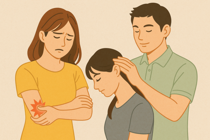 左側の女性が肘の痛みを訴えて腕を押さえている様子。中央の女性はうつむいており、右側の男性施術者が首元に手を当てて丁寧に触診している場面