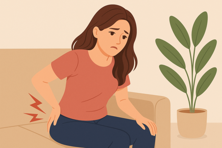 ソファに座り、股関節の痛みに悩む女性のイラスト。左手で腰を押さえ、表情はつらそう。背景には観葉植物とシンプルな室内が描かれ、股関節まわりには赤いジグザグ線で痛みを表現している。