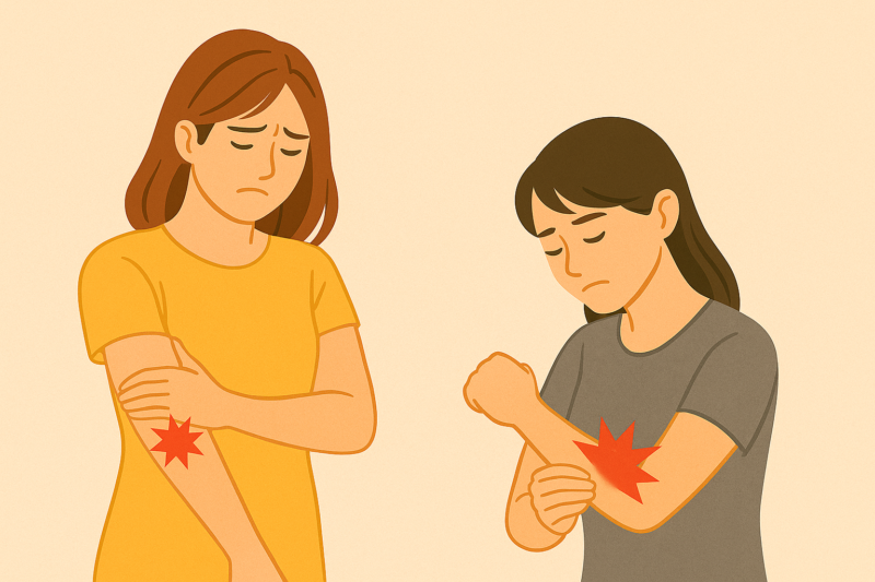 肩と肘の痛みを抱える2人の女性のイラスト。1人は左手で右肩を押さえ、もう1人は左手で右肘を抱えるようにしている。両者ともつらそうな表情を浮かべており、背景はシンプルで落ち着いたトーン