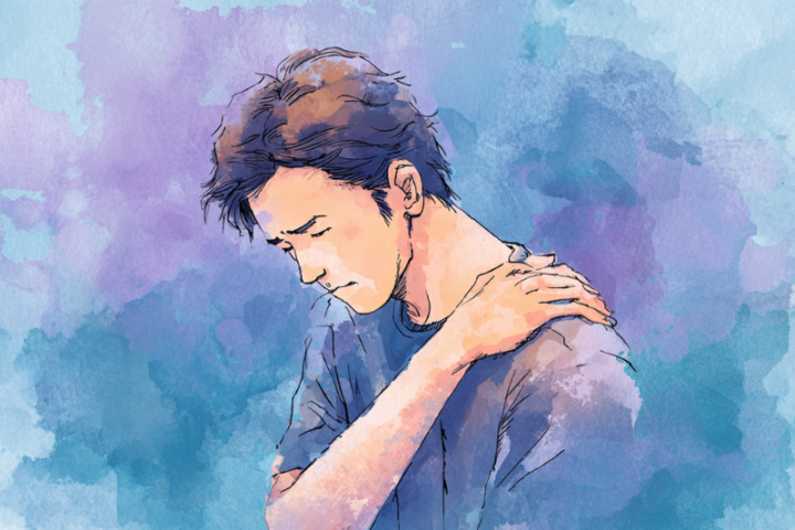 五十肩の激痛で肩を押さえて苦痛の表情を浮かべる男性の水彩画イラスト