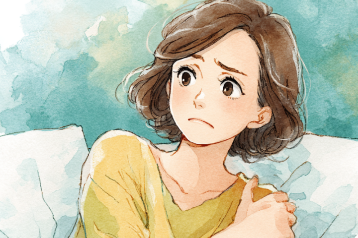 肩関節周囲炎の痛みに悩む中年女性を描いた優しいタッチの水彩画