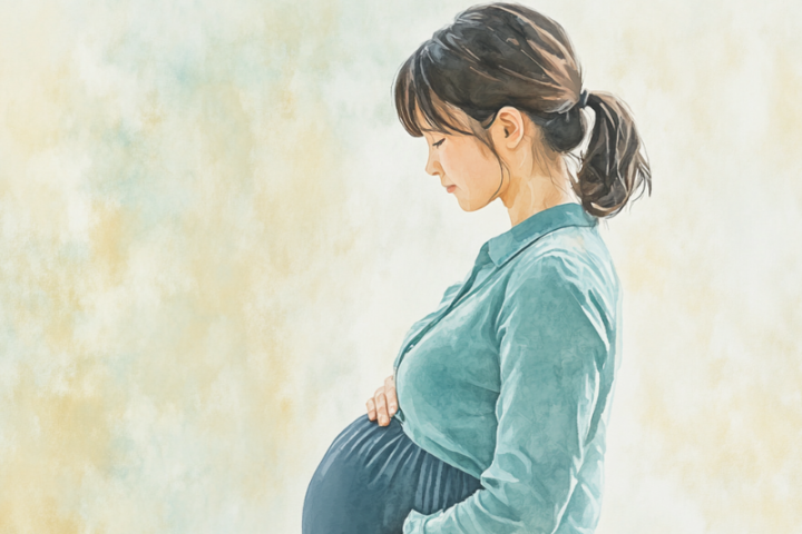 妊娠中の女性がお腹に手を当てて腰の痛みを感じている様子