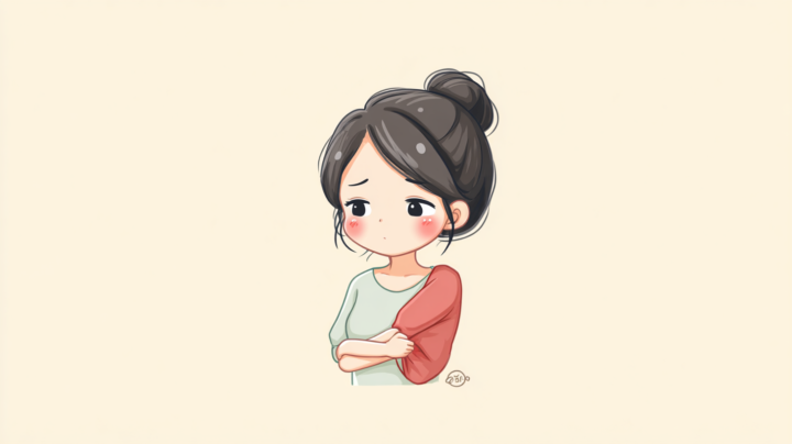 肩こりに悩む若い主婦のイラスト。髪をお団子にまとめ、薄緑と赤のツートンカラーの服を着用し、腕を組んで少し困った表情をしている。ベージュの背景で、日常的な肩の痛みに悩む主婦の心境を表現した可愛らしいアニメ調イラスト。