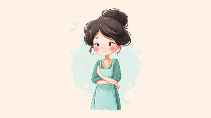 肩の痛みで辛そうな表情の主婦のイラスト。髪をお団子にまとめ、薄い緑色のワンピースを着用し、肩を抱えるようにして痛みを表現している。背景は水彩風の淡い青緑色で、肩こりの痛みに悩む主婦の心境を表現した優しいタッチのイラスト。