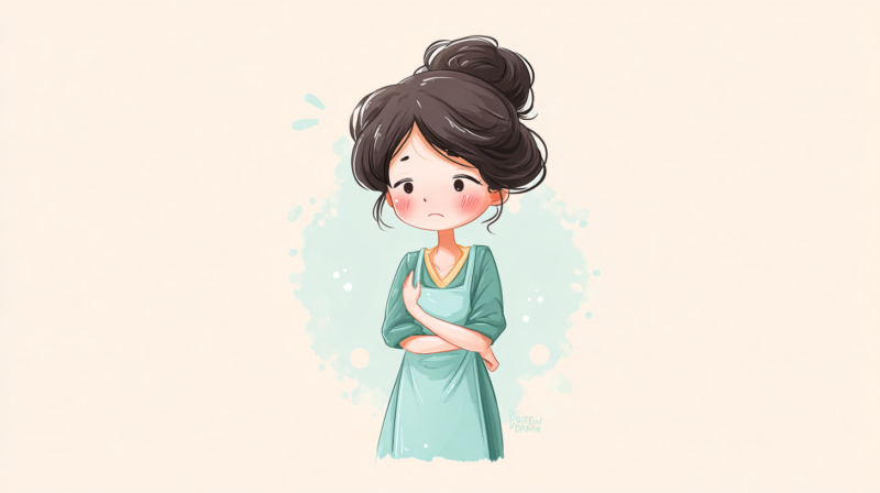 肩の痛みで辛そうな表情の主婦のイラスト。髪をお団子にまとめ、薄い緑色のワンピースを着用し、肩を抱えるようにして痛みを表現している。背景は水彩風の淡い青緑色で、肩こりの痛みに悩む主婦の心境を表現した優しいタッチのイラスト。