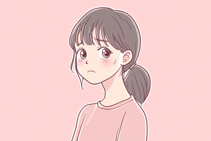 肩こりで悩む表情の若い女性のイラスト。グレーの髪をポニーテールにまとめ、ピンクの服を着用。淡いピンクの背景で、肩や首の不調を表現した優しいタッチのアニメ調イラスト。