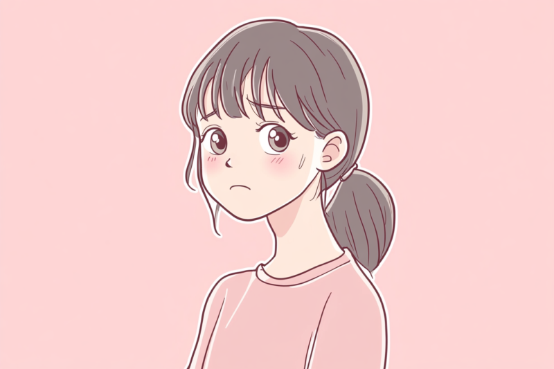 肩こりで悩む表情の若い女性のイラスト。グレーの髪をポニーテールにまとめ、ピンクの服を着用。淡いピンクの背景で、肩や首の不調を表現した優しいタッチのアニメ調イラスト。