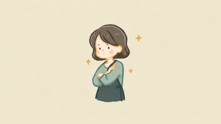 肩こりが改善されて満足そうな表情の女性のイラスト。ショートヘアで青緑色の服を着用し、肩に手を当てて安堵している様子。ベージュの背景に金色の星がキラキラと輝き、健康回復の喜びを表現した温かみのあるイラスト。
