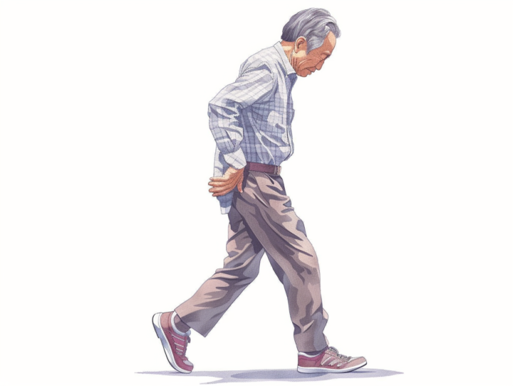 脊椎管狭窄症で前かがみ姿勢で歩く高齢男性のイラスト