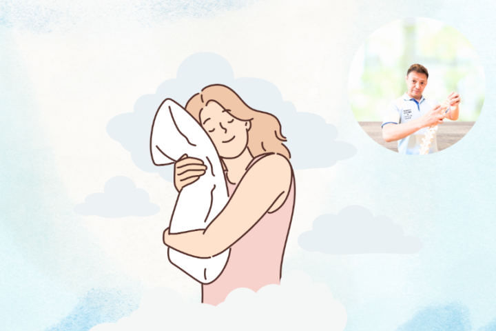 「雲の中で枕を抱きしめて心地よく眠る女性のイラストと、整体師の写真。快眠や睡眠改善をイメージ