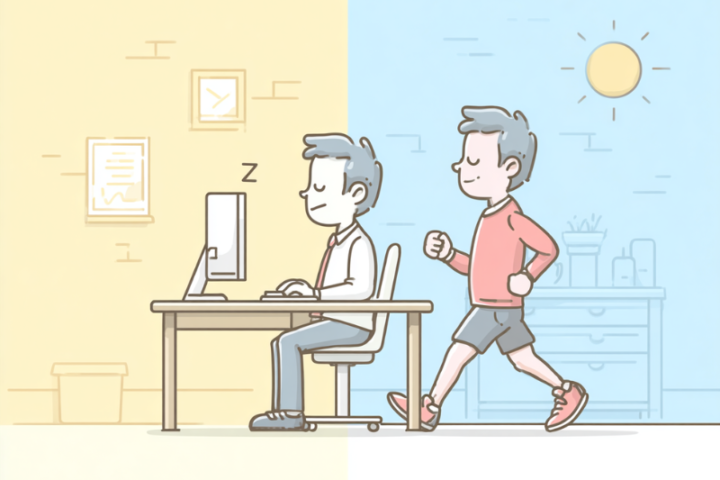 日中のデスクワークで眠気を感じる男性と、運動でリズムを整える男性のイラスト。睡眠改善と運動習慣の関係