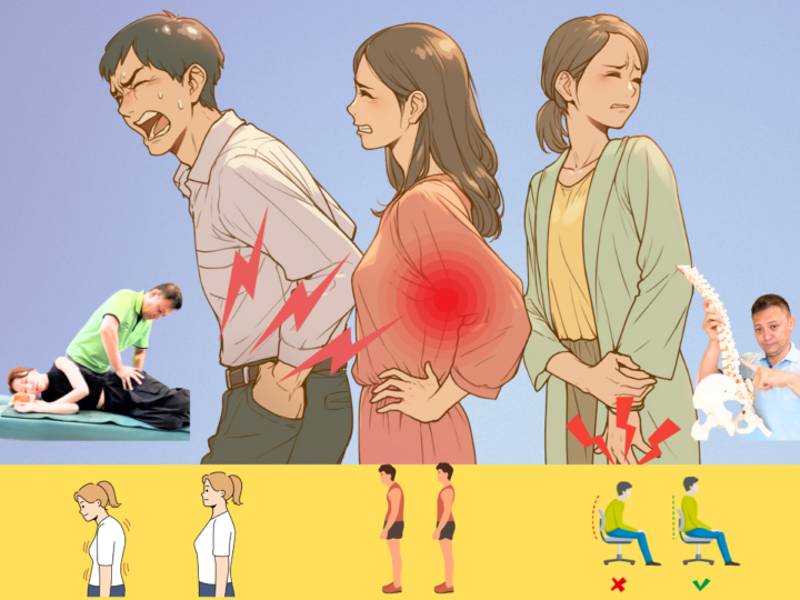身体の痛みに悩む患者3名(腰痛の男性、肩こりの女性、膝痛の高齢女性)のイラストと、整体師による手技療法、専門的な説明、正しい姿勢指導(立位、歩行、座位)を組み合わせた、ねもと整体&ストレッチスタジオのサービス紹介図