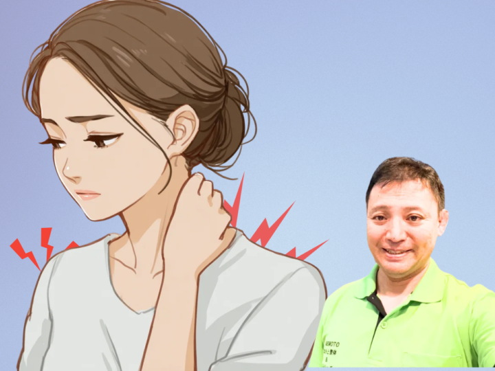 首や肩の痛みに悩む女性のイラストと、ねもと整体＆ストレッチスタジオの院長写真。肩こりや首の痛みの改善をサポートする整体院の専門整体をご案内