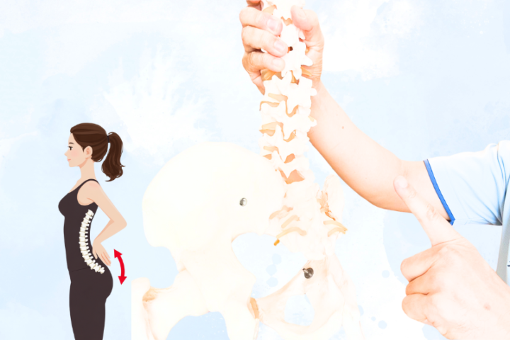 腰椎の反り過ぎによる腰痛の原因を説明するイラストと骨盤模型の解説