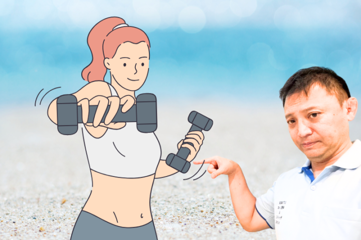 ダンベルを使ったトレーニングを行う女性と整体師のイラスト。筋力アップと姿勢改善をイメージ