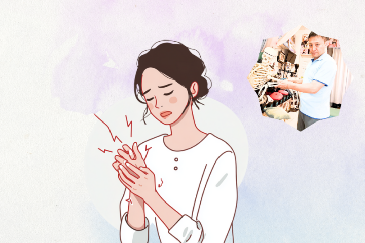 手の痛みに悩む女性のイラストと骨格模型を持つ整体師の写真