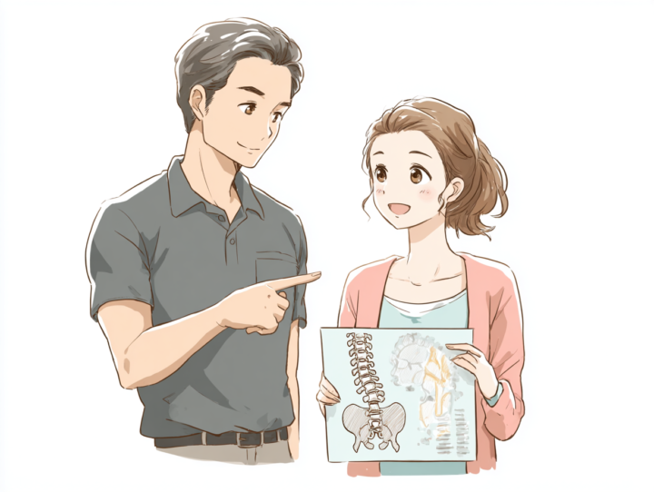 背骨と骨盤の図を見ながら整体や腰痛改善について説明を受ける女性のイラスト