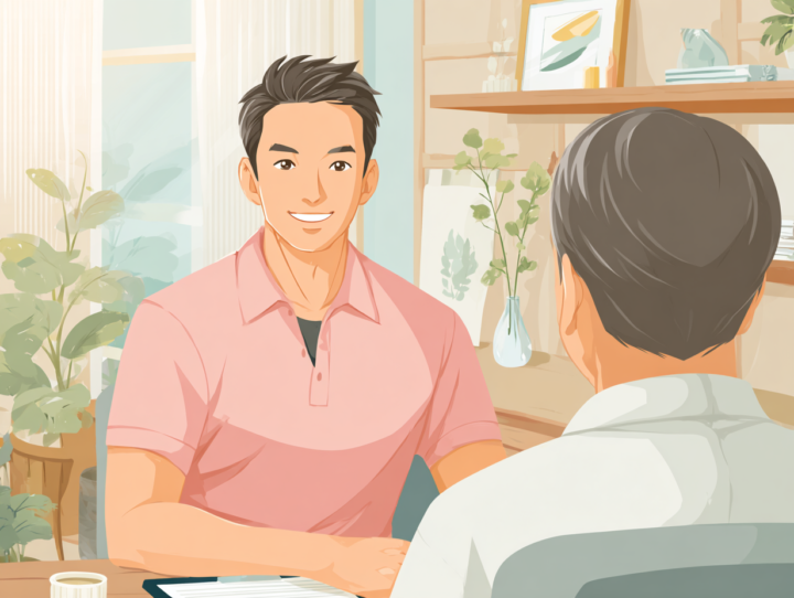 整体院でカウンセリングを行う男性スタッフと相談する利用者のイラスト