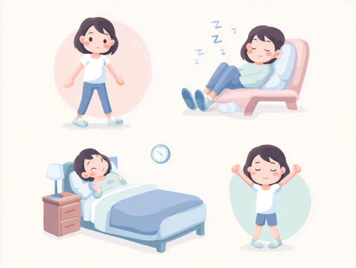 肋間神経痛が改善し、快眠や運動ができるようになった女性の生活改善イラスト