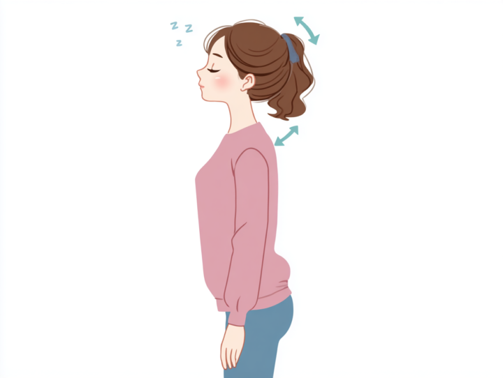 首こり・ストレートネック改善のための首ストレッチをする女性のイラスト