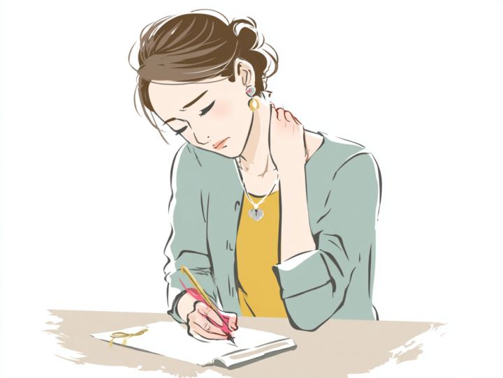 首や肩の痛みに悩みながら机でメモを書く日本人女性のイラスト｜肩こり・首こり・デスクワーク疲労のイメージ