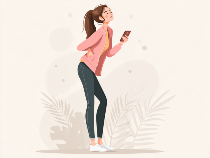 腰痛に悩む女性がスマホを持ちながら前かがみになっているイラスト