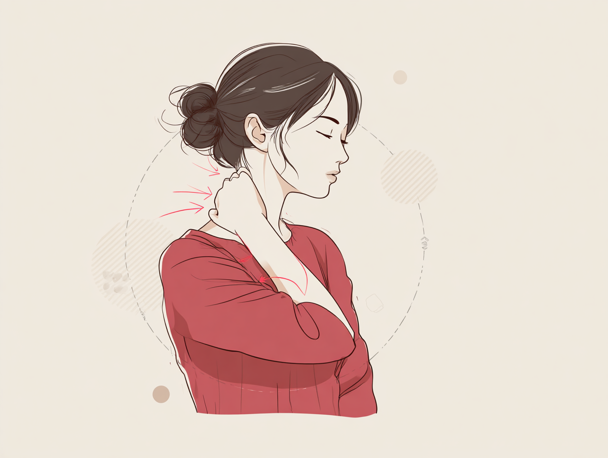 首の痛みに悩む日本人女性のイラスト｜肩こりや頚椎の不調を抱えた姿を描いた医療系イメージ