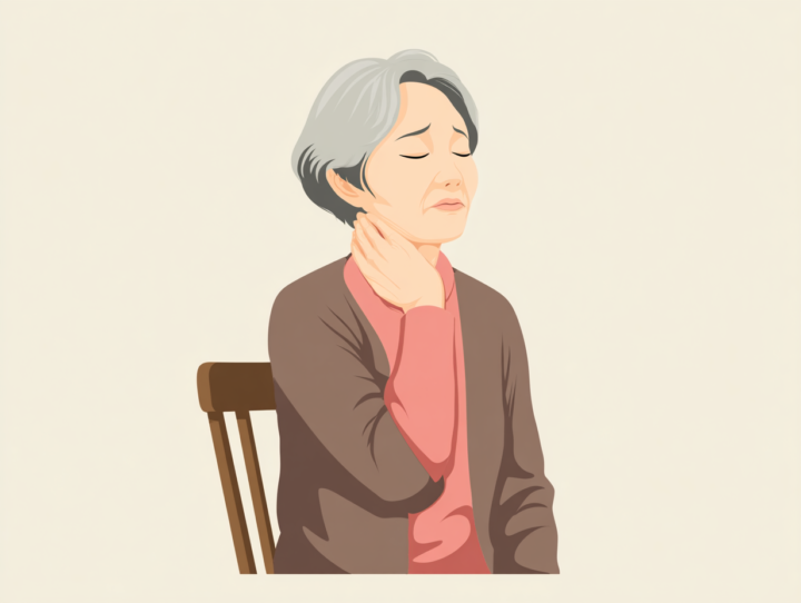 首の痛みに苦しむ高齢の日本人女性のイラスト｜頚椎症・肩こり・加齢による首の不調を表現