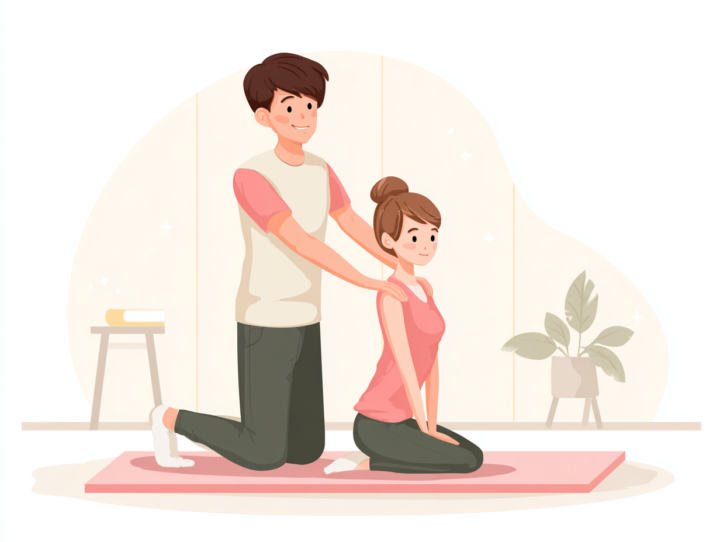 整体師が女性に肩や背中のケアを行うイラスト。姿勢改善や体のバランス調整をイメージ