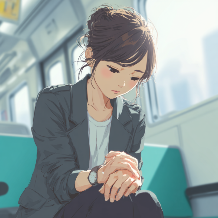 電車の中で手首の痛みに悩む日本人女性が不安そうな表情で座っているイラスト