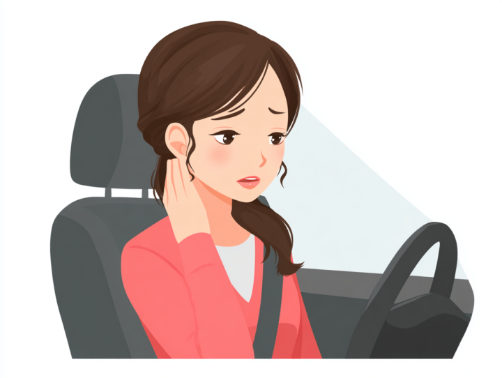 車の運転席に座った女性のイラストです。茶色の髪をサイドに分けて長く伸ばした女性が、ピンク色のカーディガンと白いシャツを着ています。彼女は右手を耳から首のあたりに当てており、少し困ったような表情を浮かべています。背景には車内のシートとフロントガラス越しに見える空が描かれており、ハンドルも見えています。全体的に柔らかなイラスト調のタッチで描かれています。