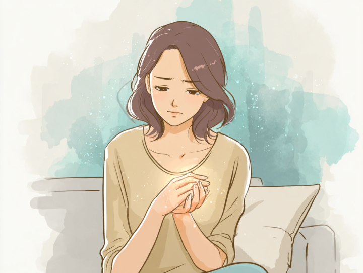 手のしびれに悩む40代の日本人女性のイラスト｜神経障害・頸椎症・手根管症候群の初期症状を表現