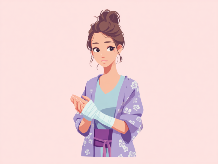  怪我をした日本の若い女性が、薄紫色の着物のような上着を着て、手首に白いサポーターまたは包帯を巻いています。優しいピンク色の背景に、正面から描かれたシンプルなイラスト