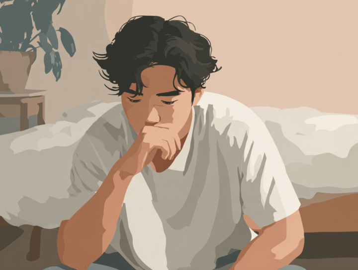 寝不足や疲れで悩む日本人男性のイラスト。睡眠の悩みや不安をイメージ