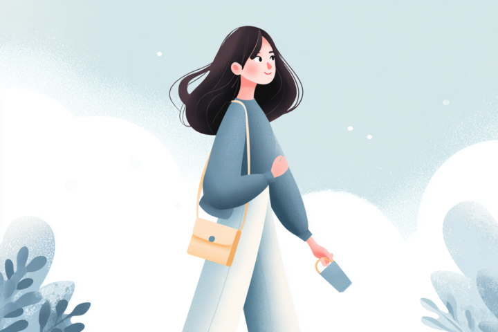 爽やかな空の下を歩く日本人女性のイラスト。日常の運動習慣と健康維持をイメージ