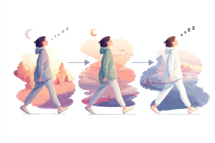ウォーキングを続けることで睡眠が改善していく女性のイラスト。運動習慣と快眠の関係を表現