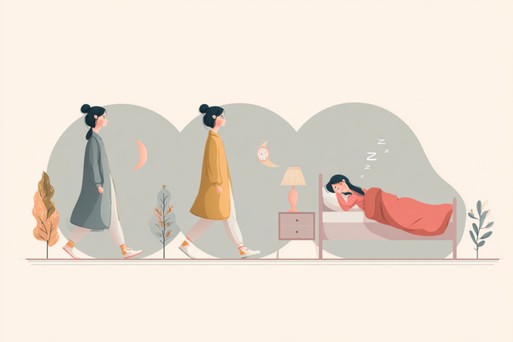 夜にウォーキングをして快眠につながる女性のイラスト。運動習慣と睡眠改善をイメージ